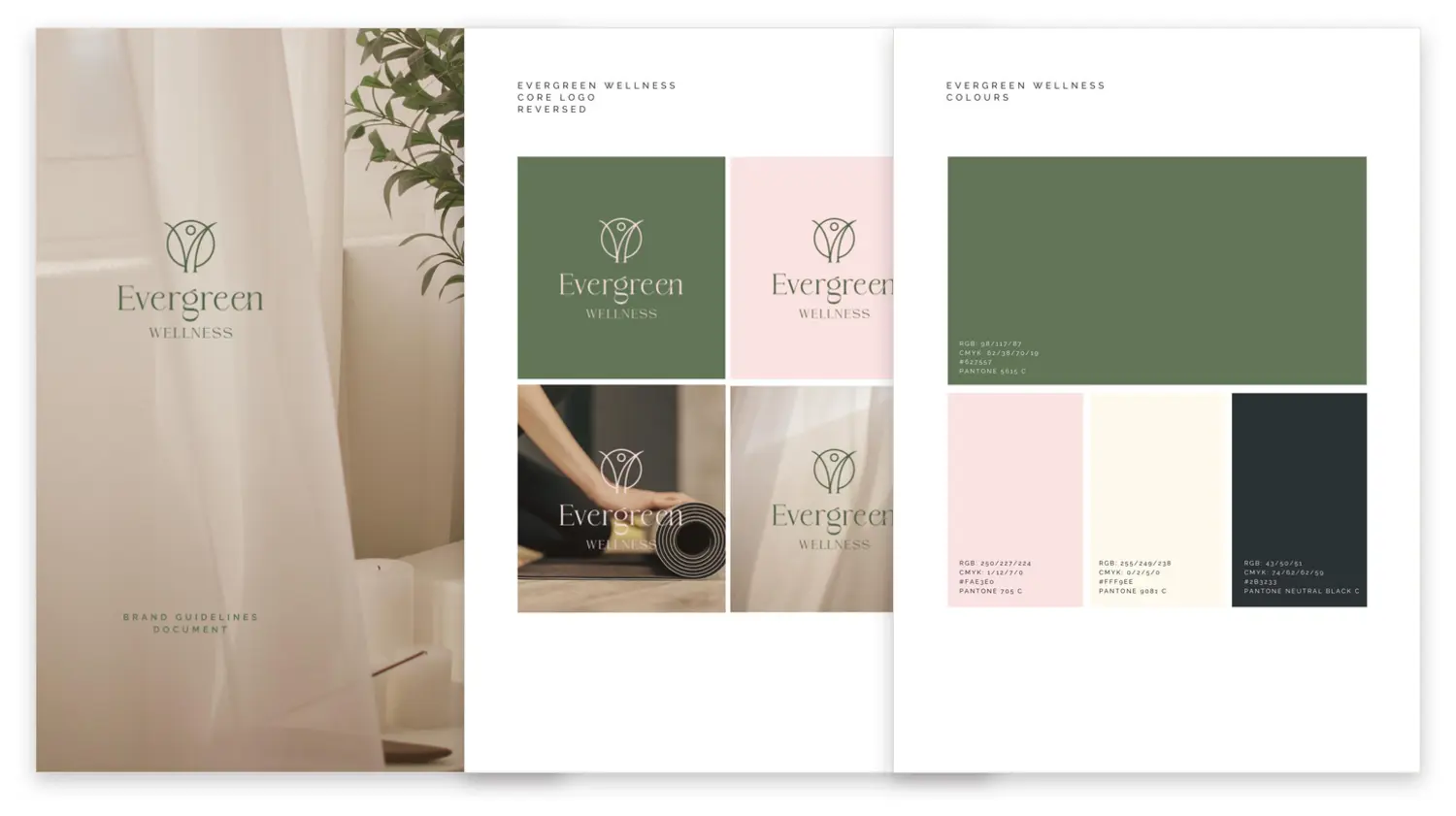 Three pages from the Evergreen Wellness brand guidelines: the cover, the reversed logo grid, and the colour palette
