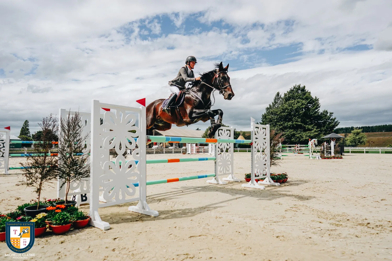 Showjumping over decorated fences