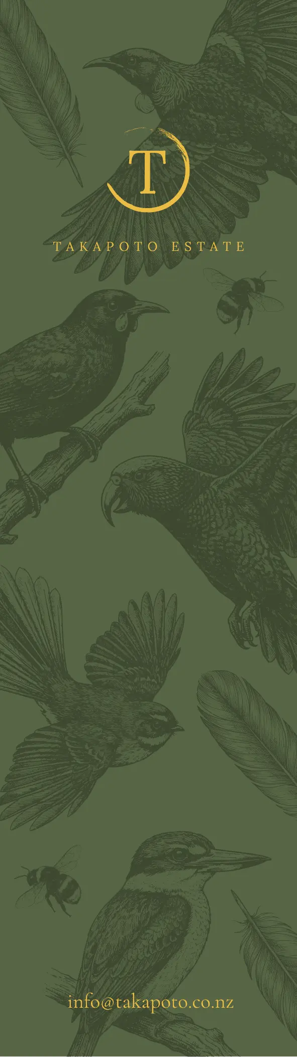 Takapoto Estate bookmark, front: deep green with custom illustrations of native birds and bees, the estate mark in gold.