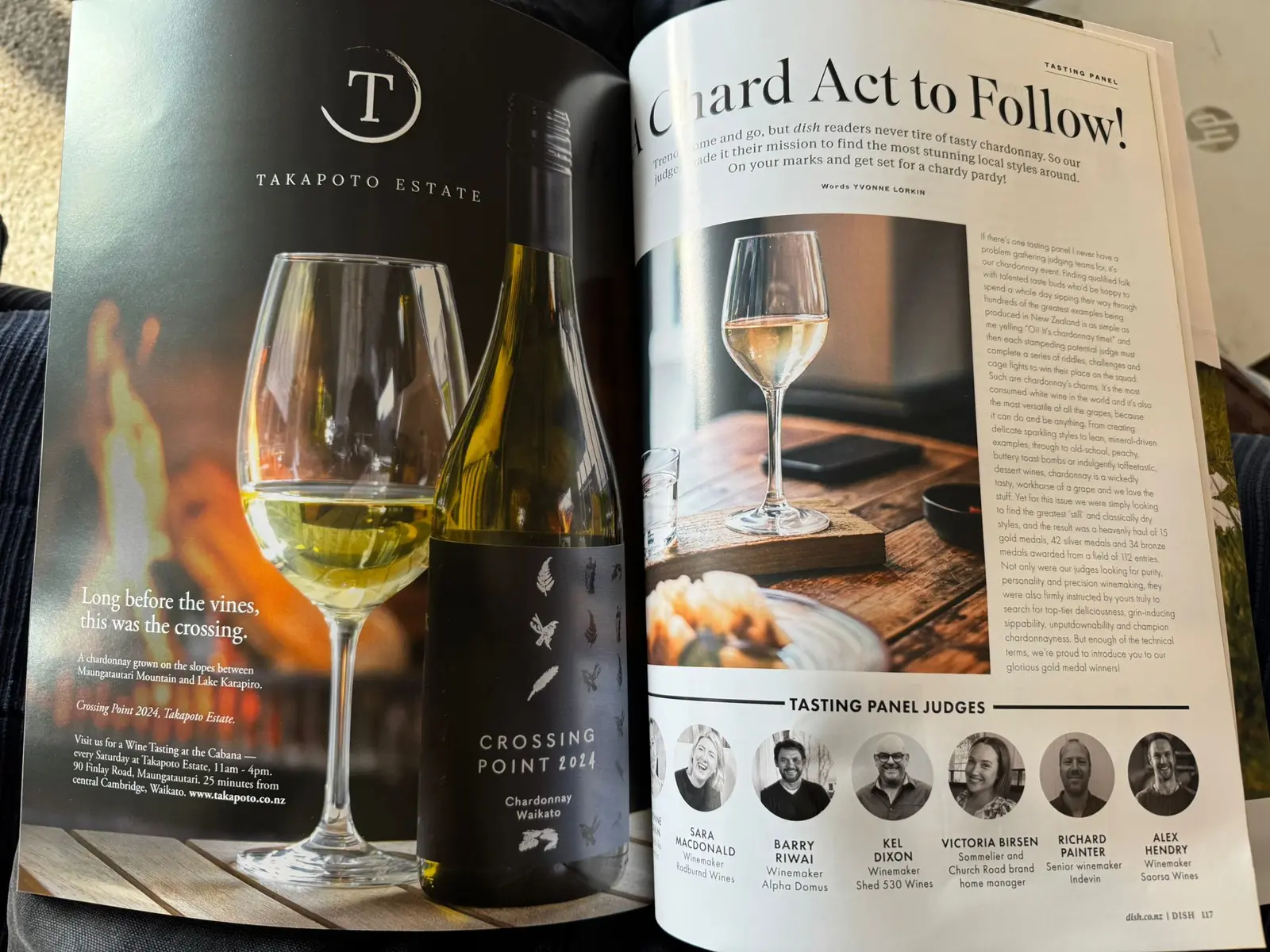 Dish magazine open to the Takapoto Estate advertisement, opposite the chardonnay tasting panel feature.