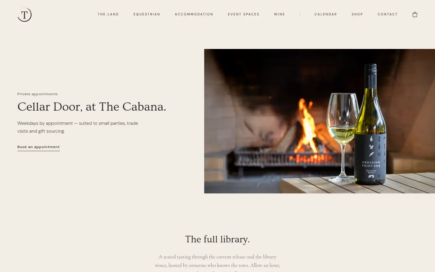 Takapoto Estate website — Cellar Door page, a Crossing Point bottle and glass by the fire.