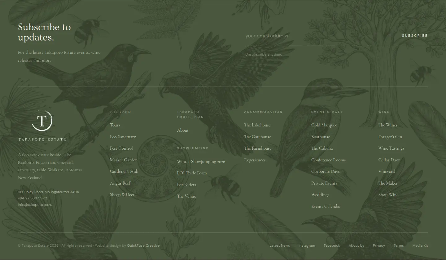 Takapoto Estate website — footer: deep green with illustrated native birds and bees behind the subscribe form, logo and site map.