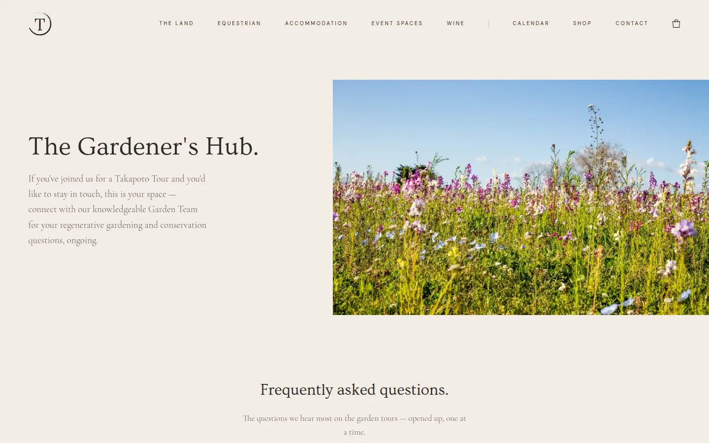 Takapoto Estate website — The Gardener's Hub page, with a wildflower meadow header and frequently asked questions from the garden tours.