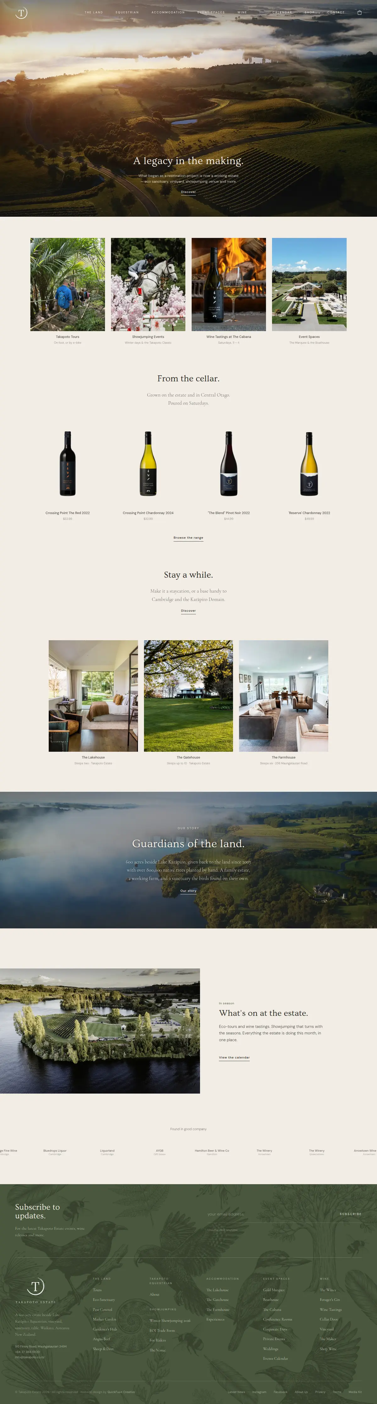 Takapoto Estate website — the full home page: experiences, wines from the cellar, accommodation, our story, what's on and footer.