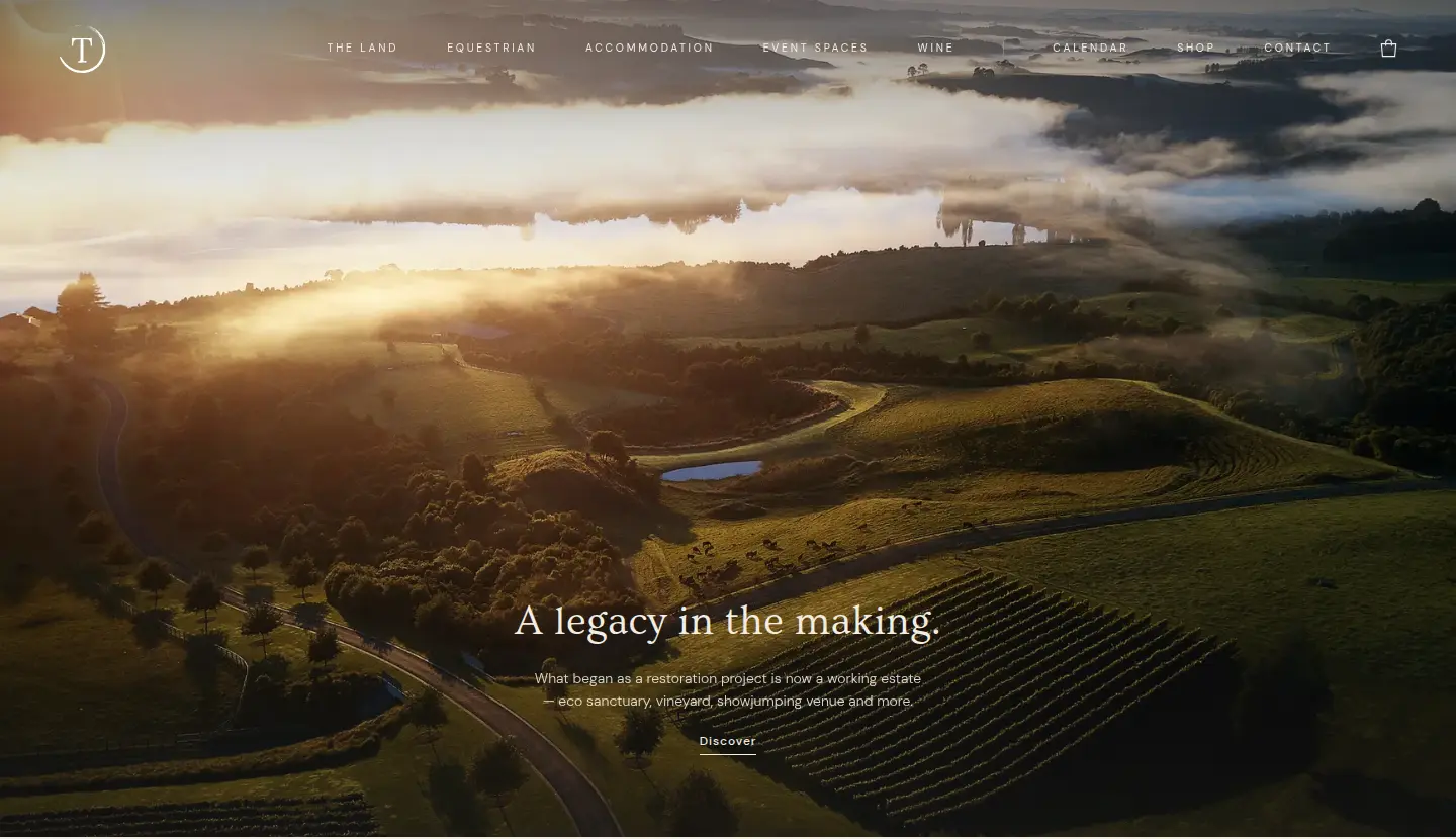 Takapoto Estate website — home page on desktop, aerial of the estate at dawn with the line 'A legacy in the making.'