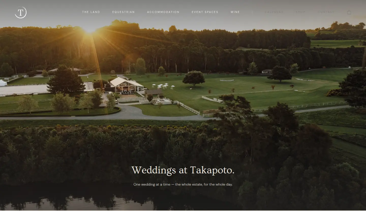 Takapoto Estate website — Weddings page, the estate at golden hour with 'Weddings at Takapoto.'