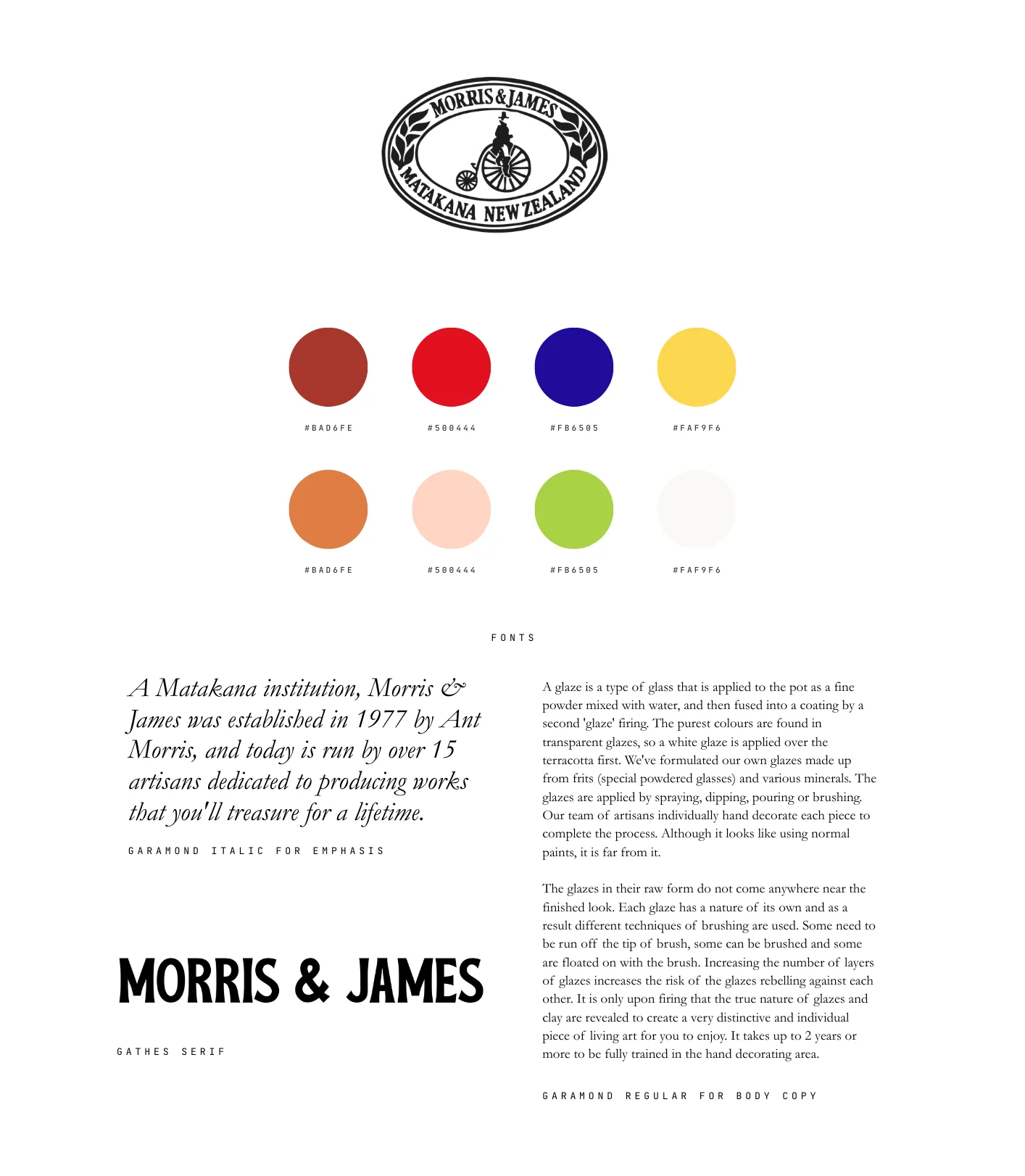 Morris & James — logo, glaze colour palette and type